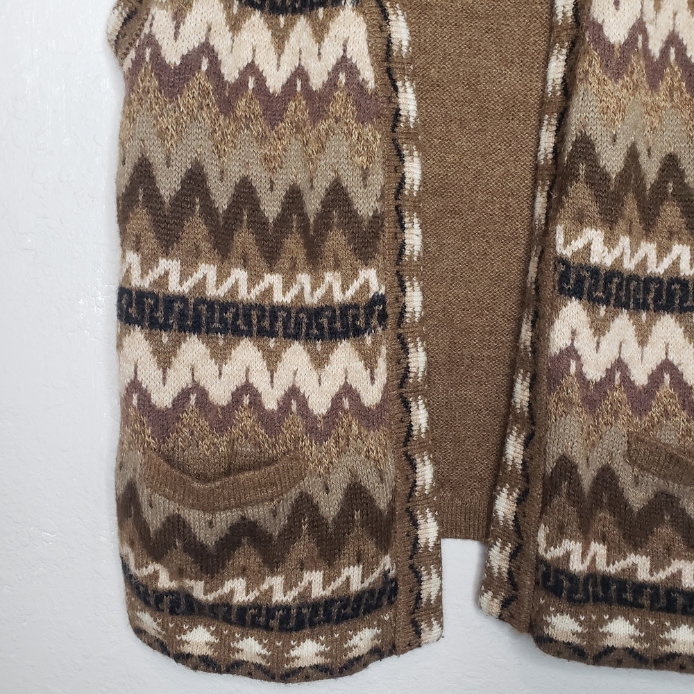 Inca 100% Alpaca Wool Vest Brown Patterned Women's Cardigan Open Front - Picture 3 of 8